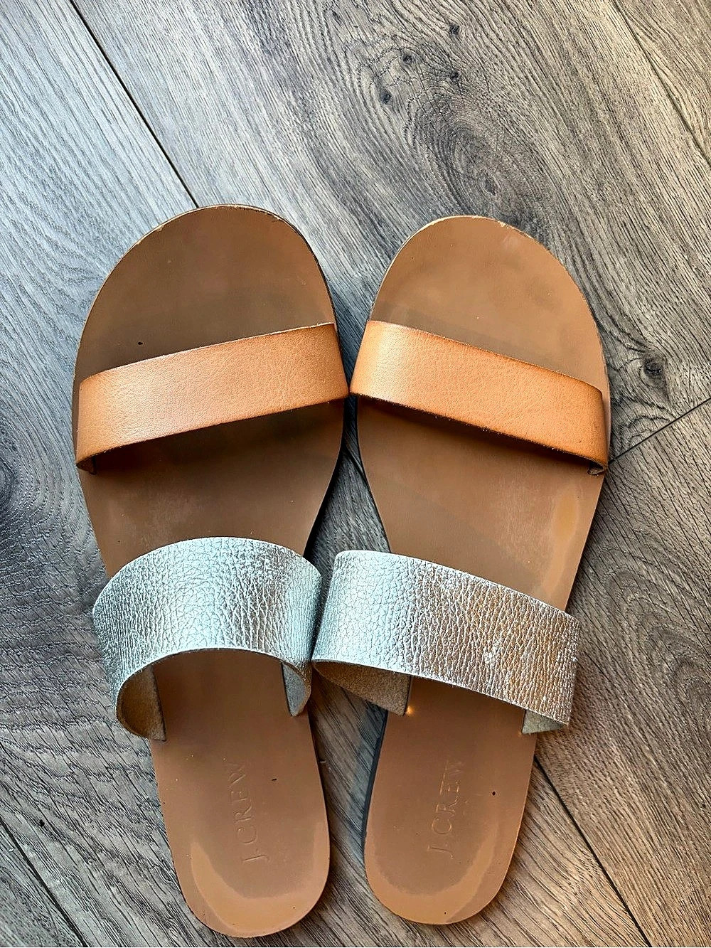 J.Crew Two-Tone Double-Strap Sandals Tan & Silver